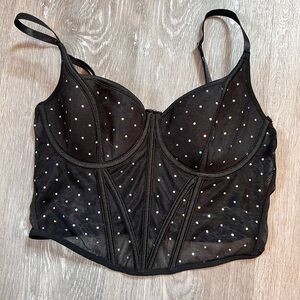 Black Sheer Corset Top with Colorful Rhinestones